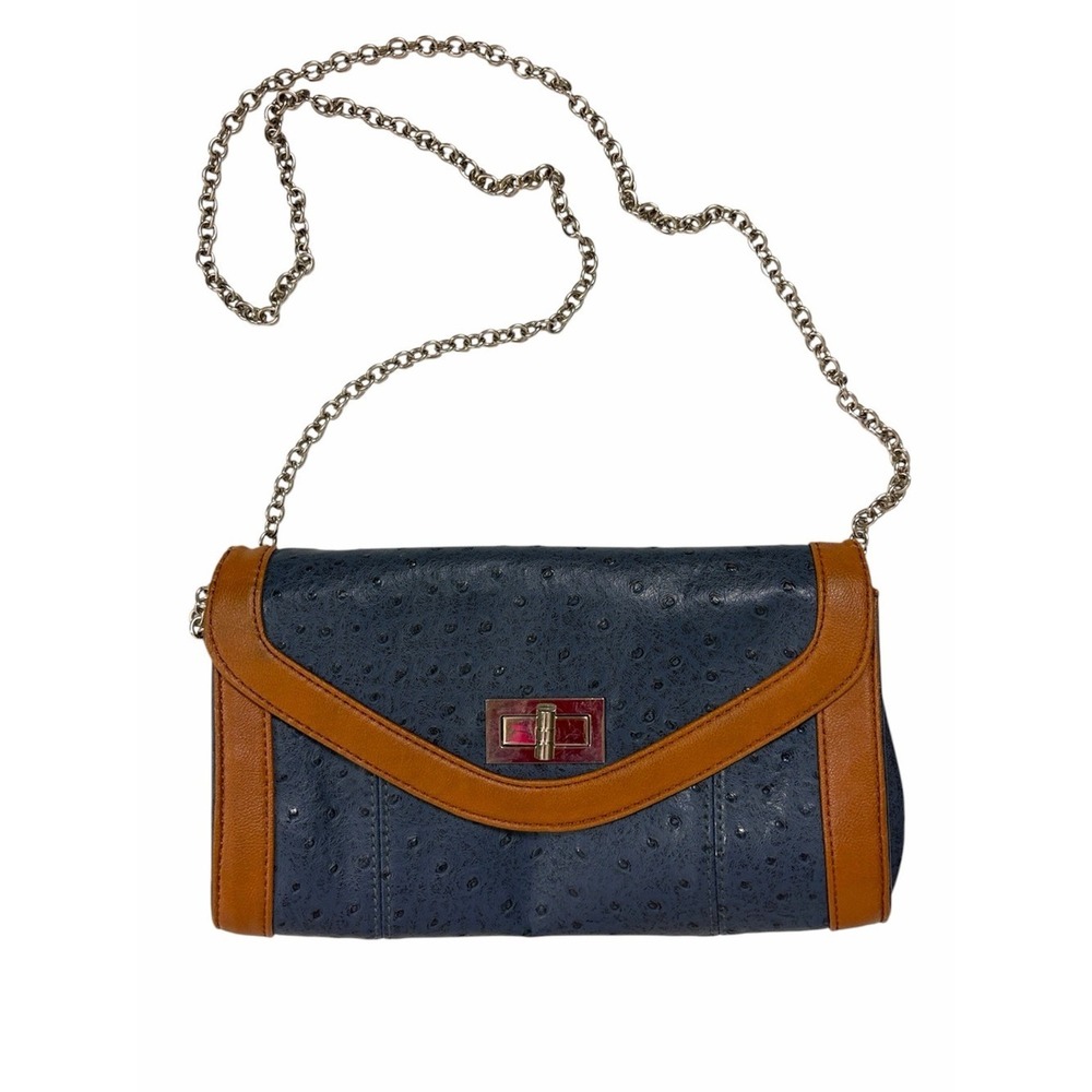 APT. 9 Navy Blue Faux Ostrich Chain Strap Clutch Crossbody Bag Two Tone